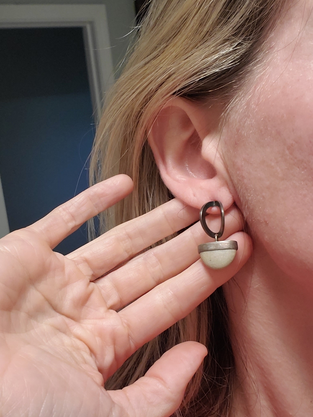 Handcrafted Matte Cream and Gunmetal Drop Earrings